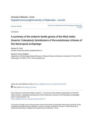A Summary of the Endemic Beetle Genera of the West Indies (Insecta: Coleoptera); Bioindicators of the Evolutionary Richness of This Neotropical Archipelago