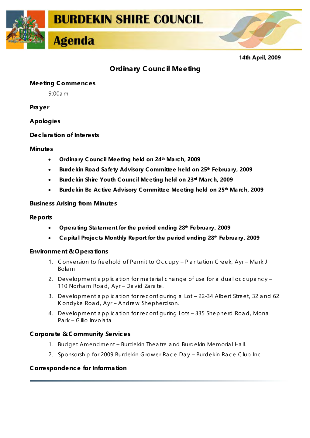 14Th April, 2009 Ordinary Council Meeting