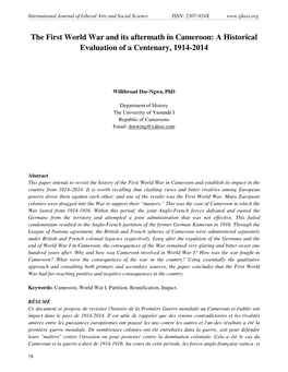 The First World War and Its Aftermath in Cameroon: a Historical Evaluation of a Centenary, 1914-2014