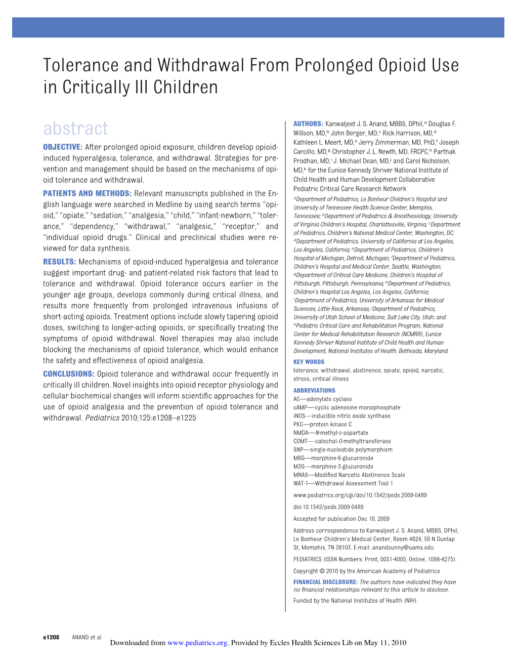 Tolerance and Withdrawal from Prolonged Opioid Use in Critically Ill Children