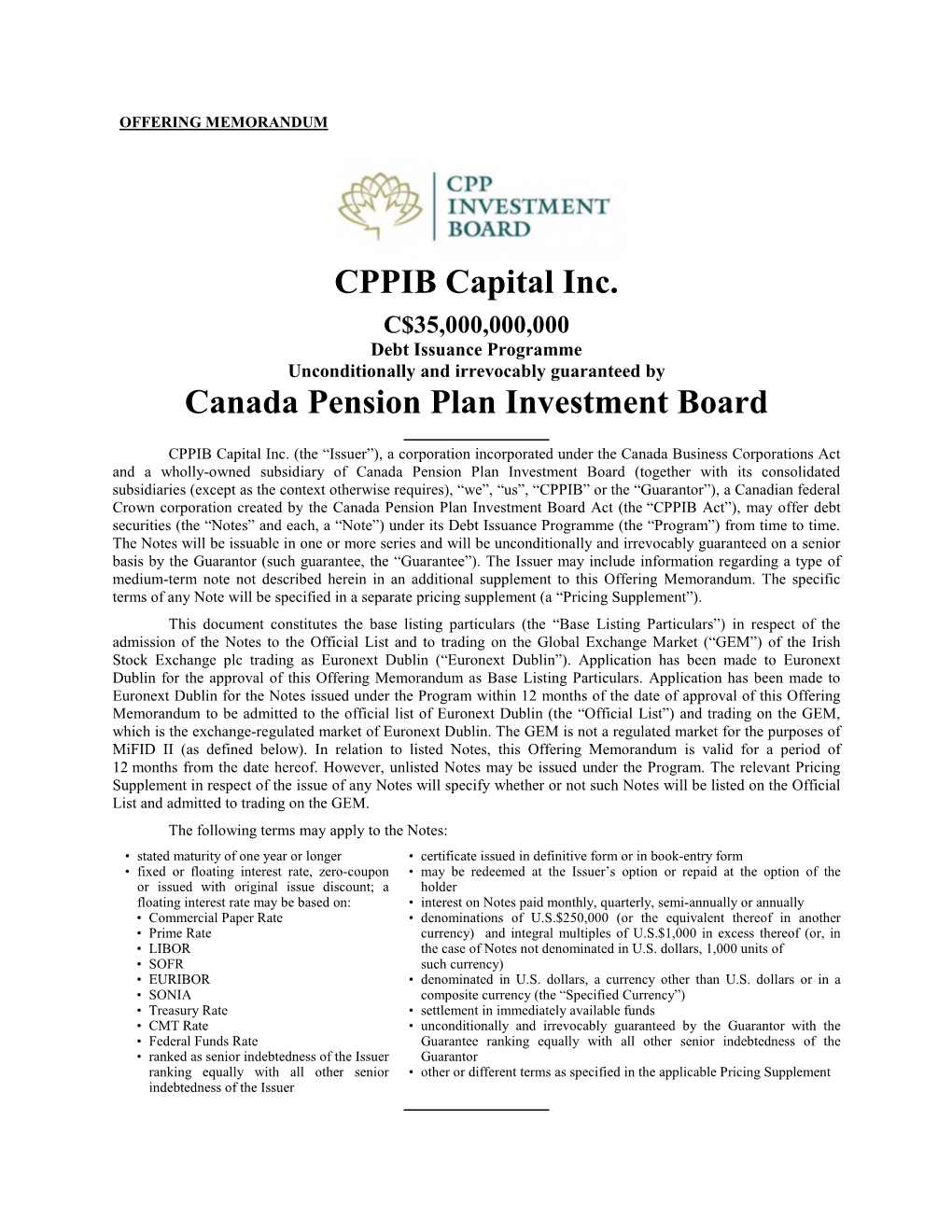 CPPIB Capital Inc. Canada Pension Plan Investment Board