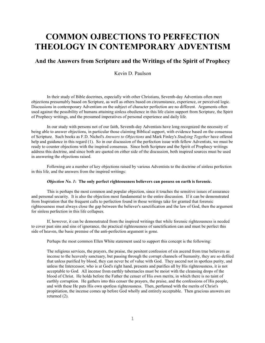 Common Ojbections to Perfection Theology in Contemporary Adventism