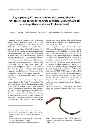 Regurgitating Micrurus Corallinus (Serpentes, Elapidae) Reveals Another Record for the Rare Caecilian Chthonerpeton Aff