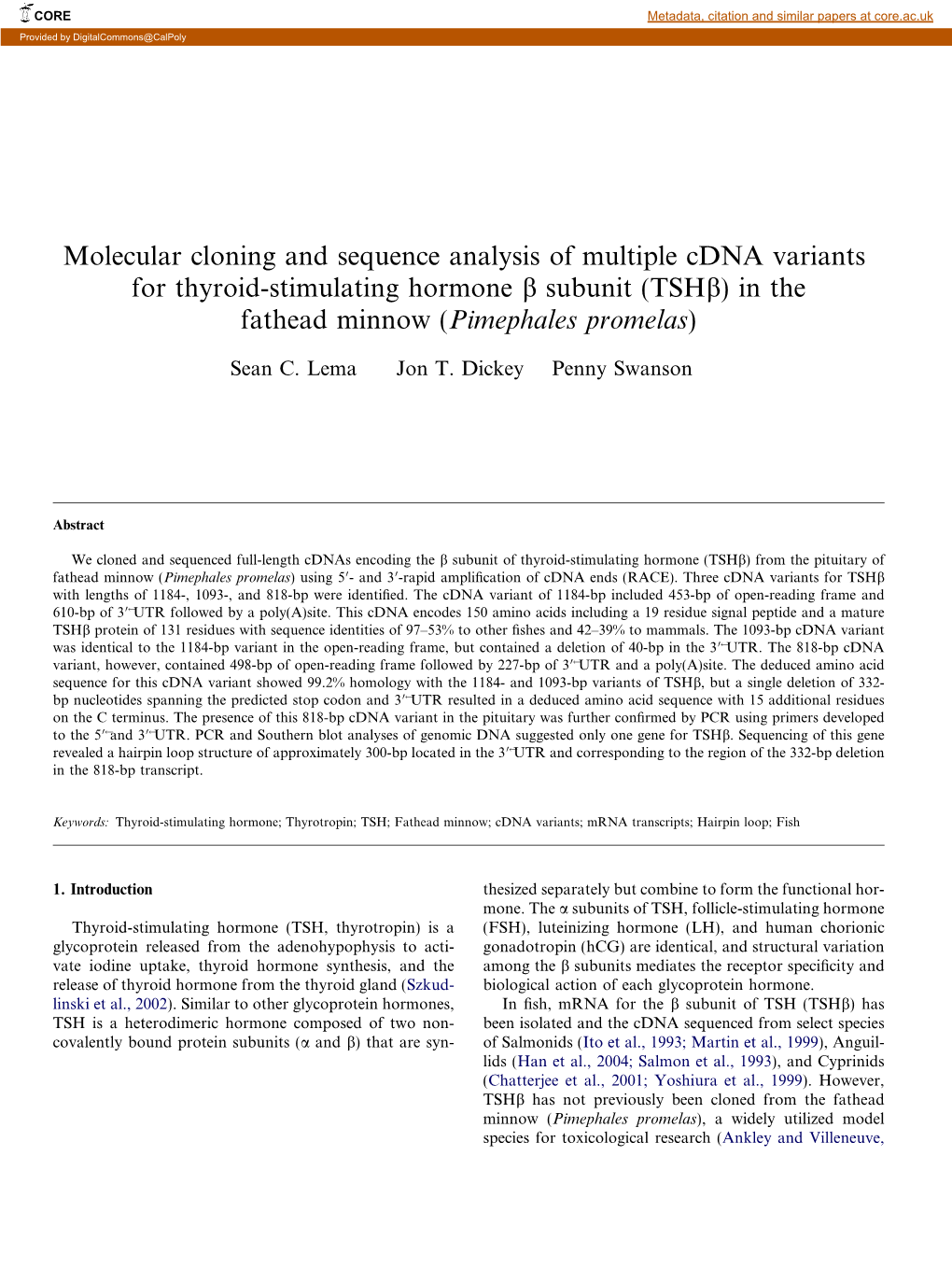 Molecular Cloning and Sequence Analysis of Multiple Cdna Variants for Thyroid-Stimulating Hormone B Subunit (Tshb) in the Fathead Minnow (Pimephales Promelas)