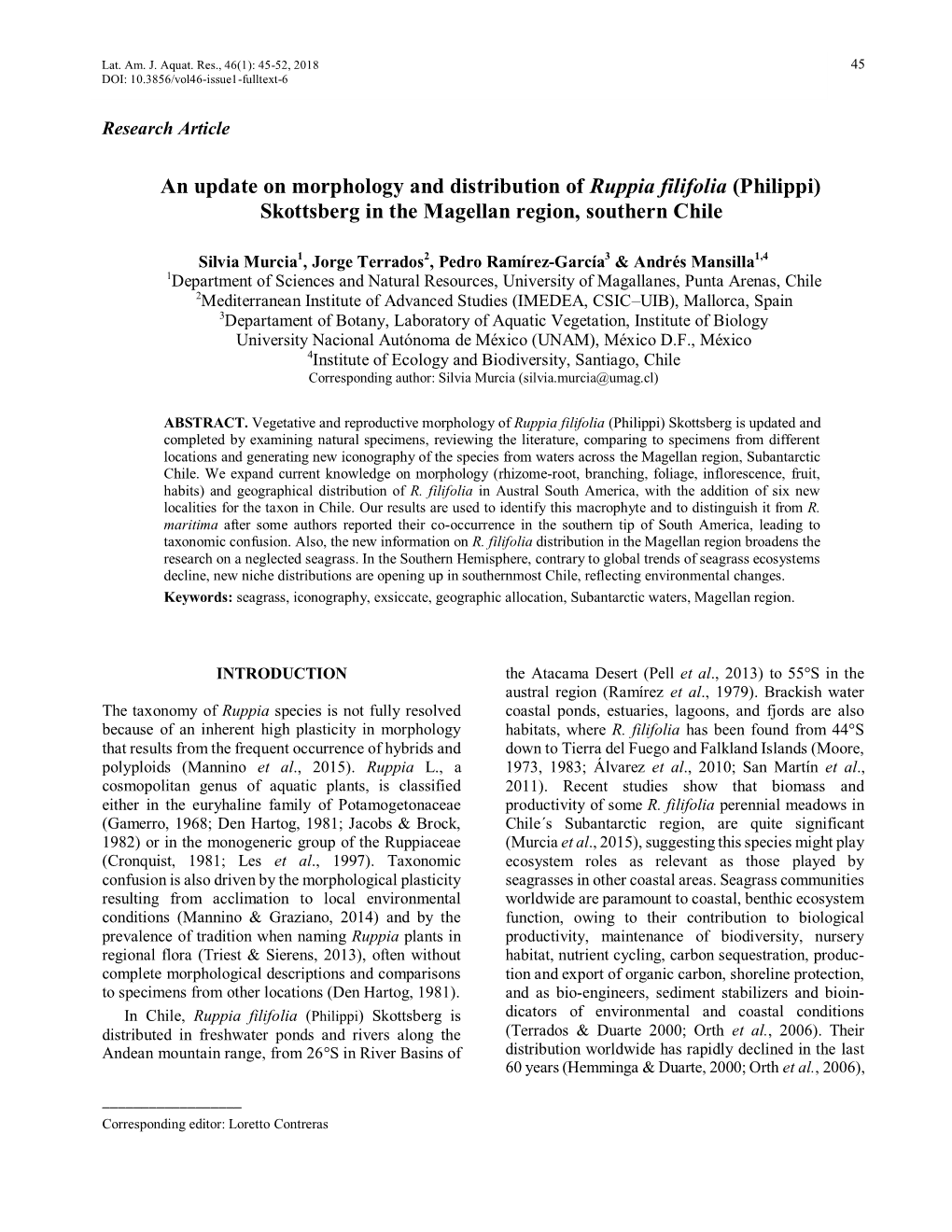 An Update on Morphology and Distribution of Ruppia Filifolia (Philippi) Skottsberg in the Magellan Region, Southern Chile