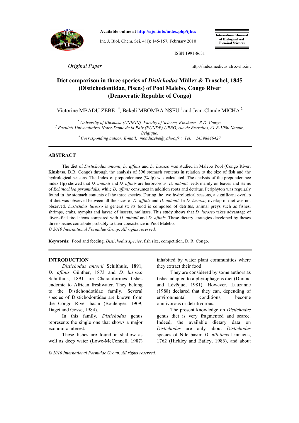 Diet Comparison in Three Species of Distichodus Müller & Troschel