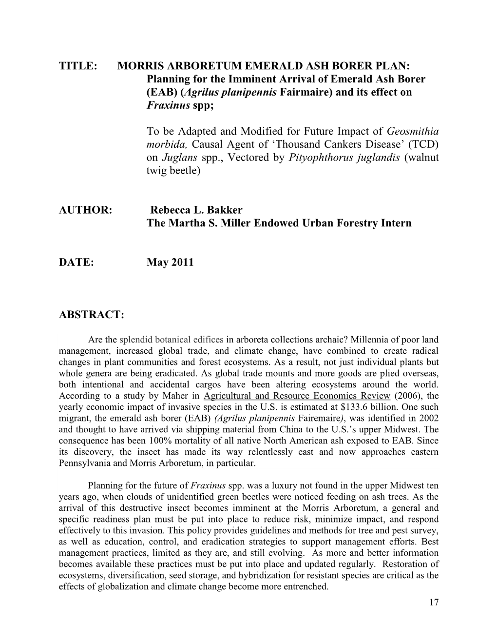 Title: Morris Arboretum Emerald Ash Borer Plan