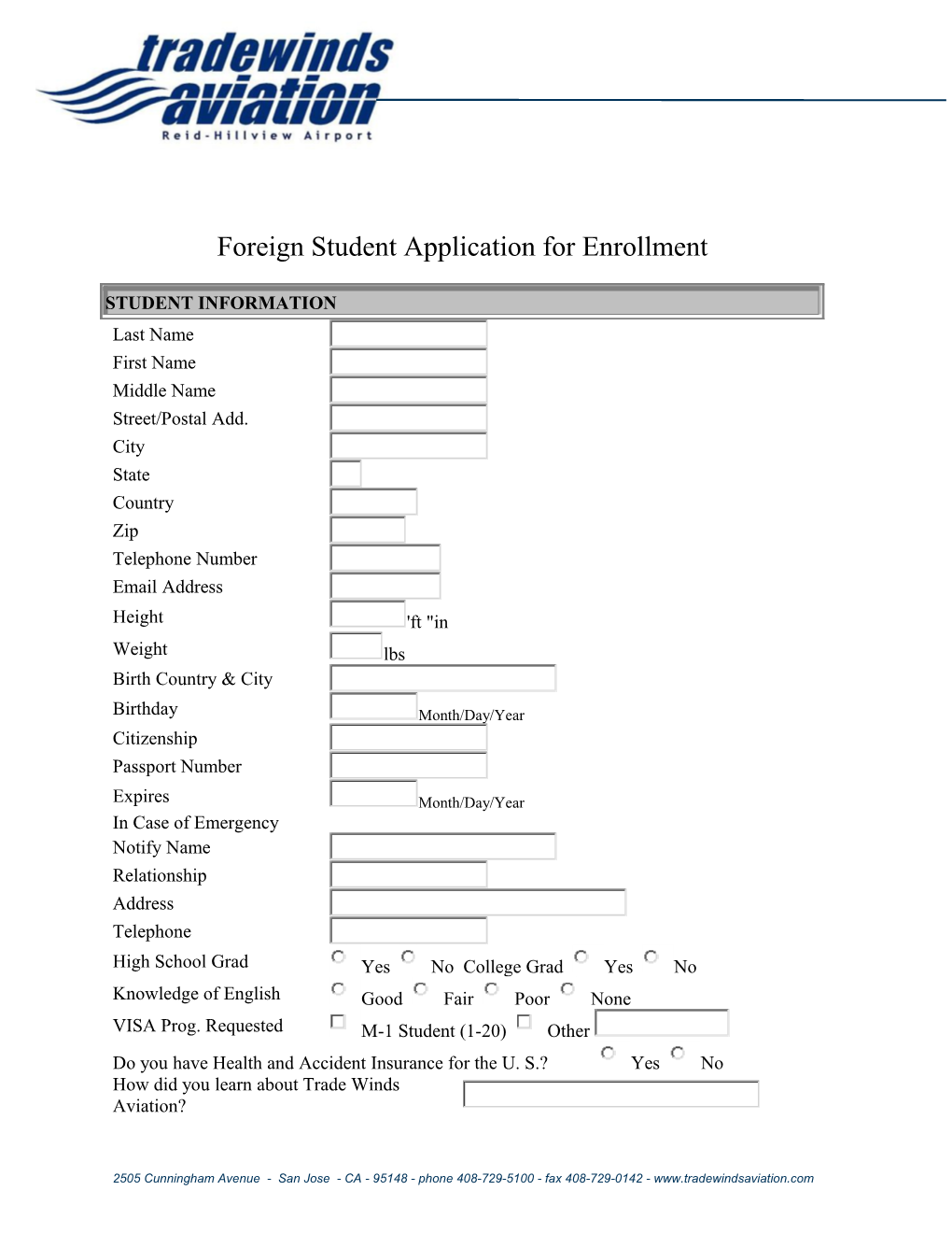 Foreign Student Application for Enrollment