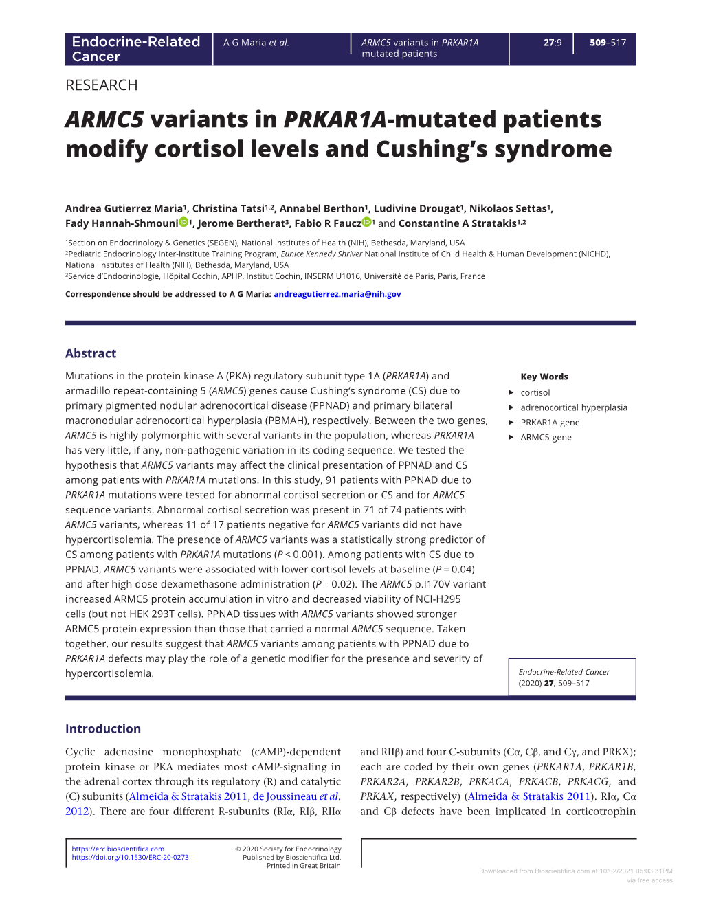 ARMC5 Variants in PRKAR1A-Mutated Patients Modify Cortisol Levels and Cushing’S Syndrome