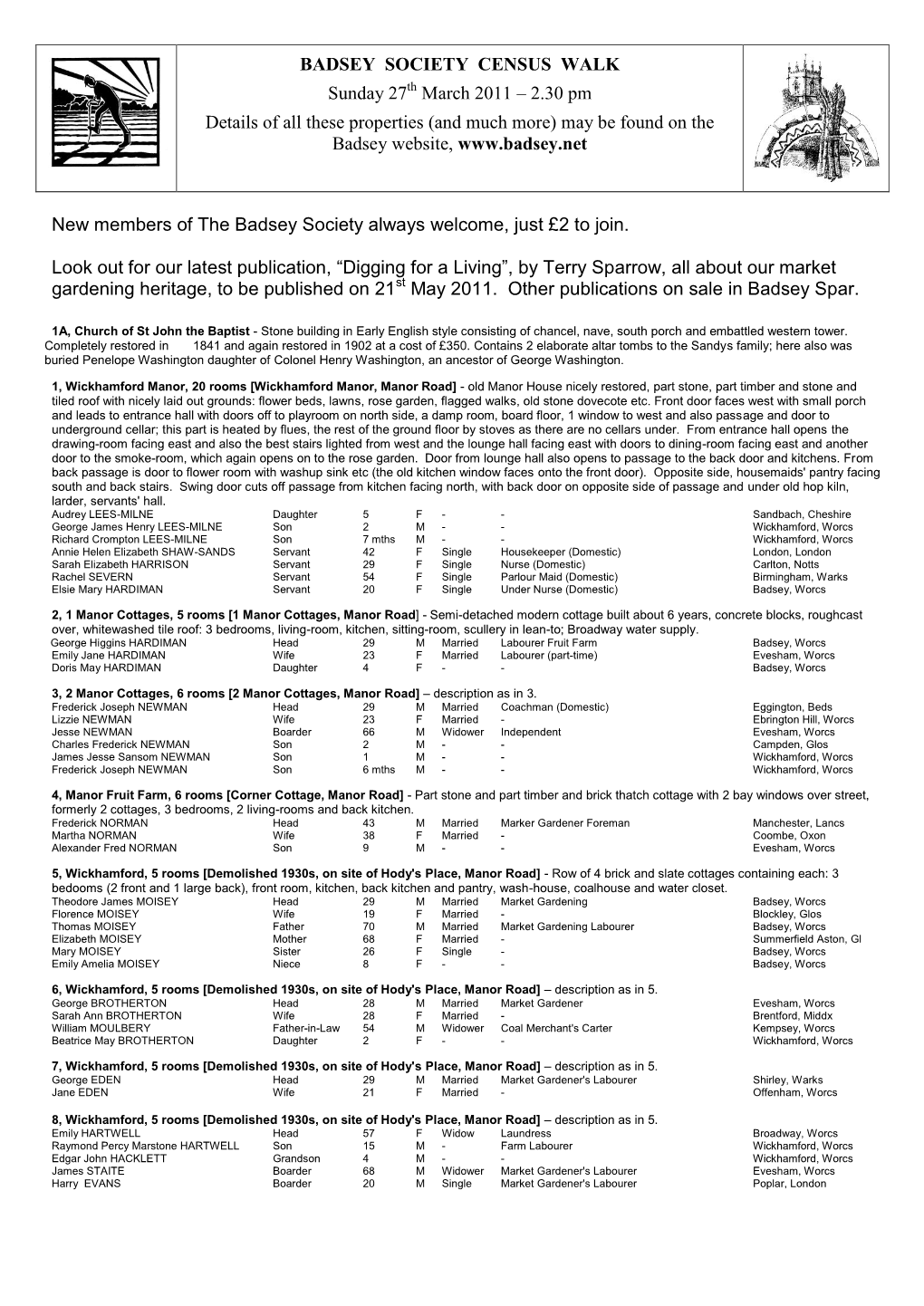 BADSEY SOCIETY CENSUS WALK Sunday 27Th March 2011 – 2.30 Pm Details of All These Properties (And Much More) May Be Found on the Badsey Website