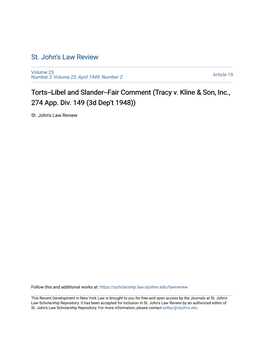 Torts--Libel and Slander--Fair Comment (Tracy V. Kline & Son, Inc