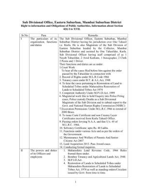 Sub Divisional Office, Eastern Suburban, Mumbai Suburban District Right to Information and Obligations of Public Authorities, Information About Section 4(B) I to XVII