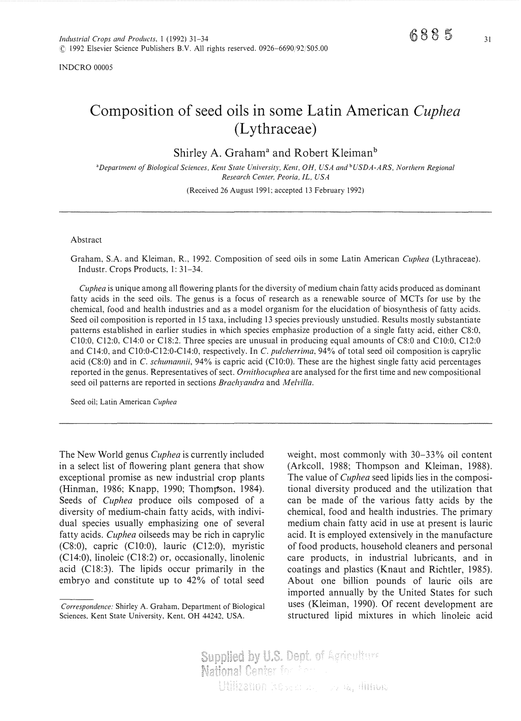 Composition of Seed Oils in Some Latin American Cuphea (Lythraceae) Shirley A