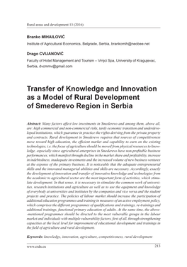 Transfer of Knowledge and Innovation As a Model of Rural Development of Smederevo Region in Serbia