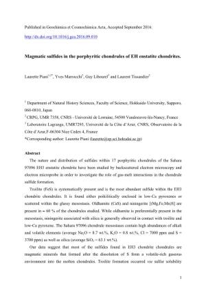 Magmatic Sulfides in the Porphyritic Chondrules of EH Enstatite Chondrites