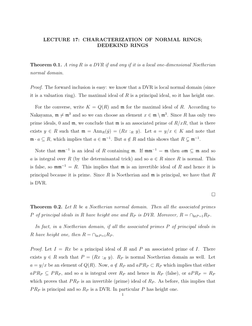 Lecture 17: Characterization of Normal Rings; Dedekind Rings