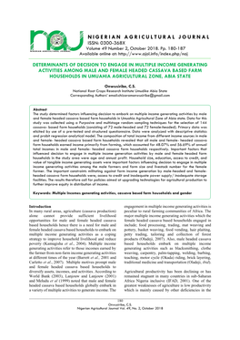 NIGERIAN AGRICULTURAL JOURNAL ISSN: 0300-368X Volume 49 Number 2, October 2018