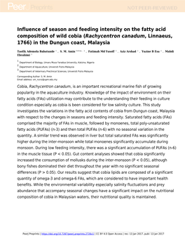 Influence of Season and Feeding Intensity on the Fatty Acid Composition of Wild Cobia (Rachycentron Canadum, Linnaeus, 1766) in the Dungun Coast, Malaysia