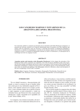 LOS CANGREJOS MARINOS Y ESTUARINOS DE LA ARGENTINA (DECAPODA: BRACHYURA) Por