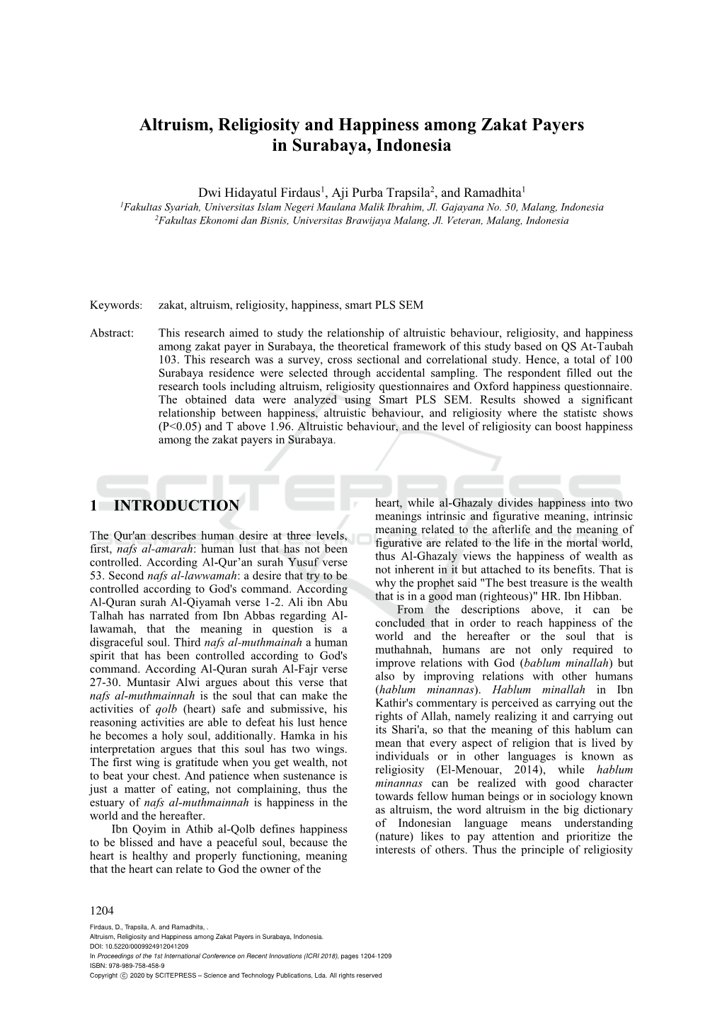 Altruism, Religiosity and Happiness Among Zakat Payers in Surabaya, Indonesia