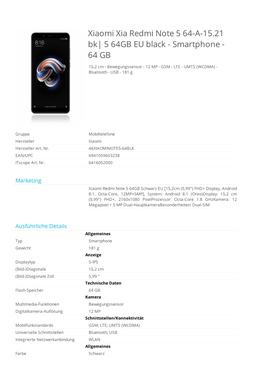 Xiaomi Xia Redmi Note 5 64-A-15.21 Bk| 5 64GB EU Black - Smartphone - 64 GB