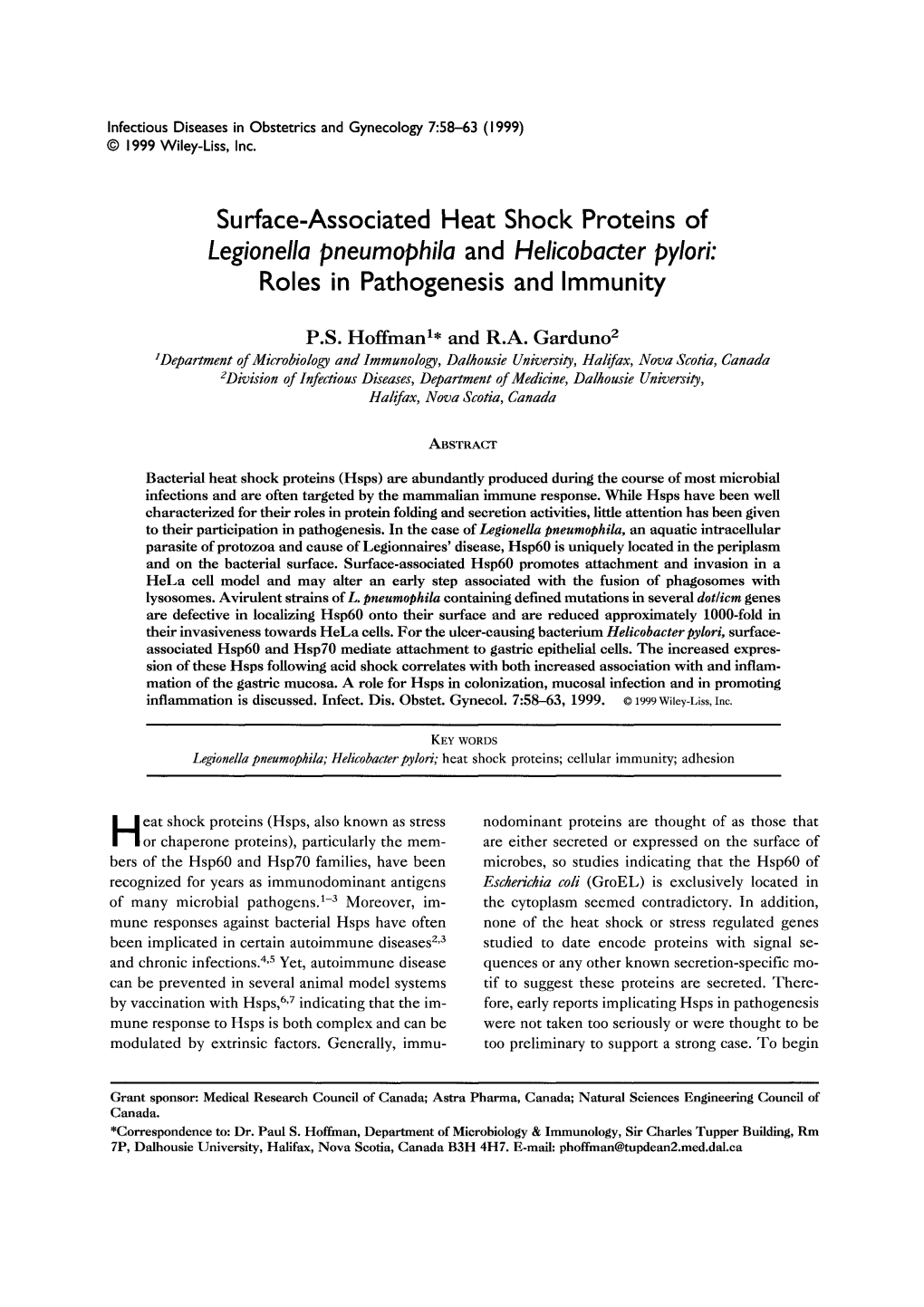 Legionella Pneumophila and Helicobacter Pylori: Roles in Pathogenesis and Immunity