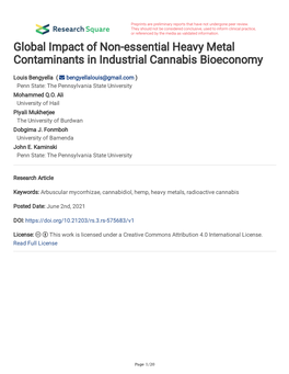 Global Impact of Non-Essential Heavy Metal Contaminants in Industrial Cannabis Bioeconomy