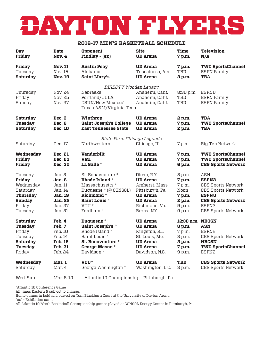 2016-17 Men's Basketball Schedule