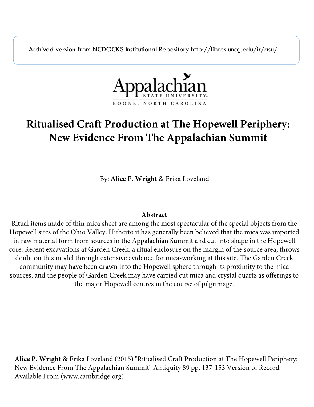 Ritualised Craft Production at the Hopewell Periphery: New Evidence from the Appalachian Summit