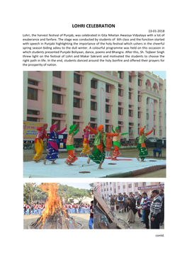 LOHRI CELEBRATION 13‐01‐2018 Lohri, the Harvest Festival of Punjab, Was Celebrated in Gita Niketan Awasiya Vidyalaya with a Lot of Exuberance and Fanfare