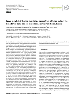 Trace Metal Distribution in Pristine Permafrost-Affected Soils of the Lena River Delta and Its Hinterland, Northern Siberia, Russia