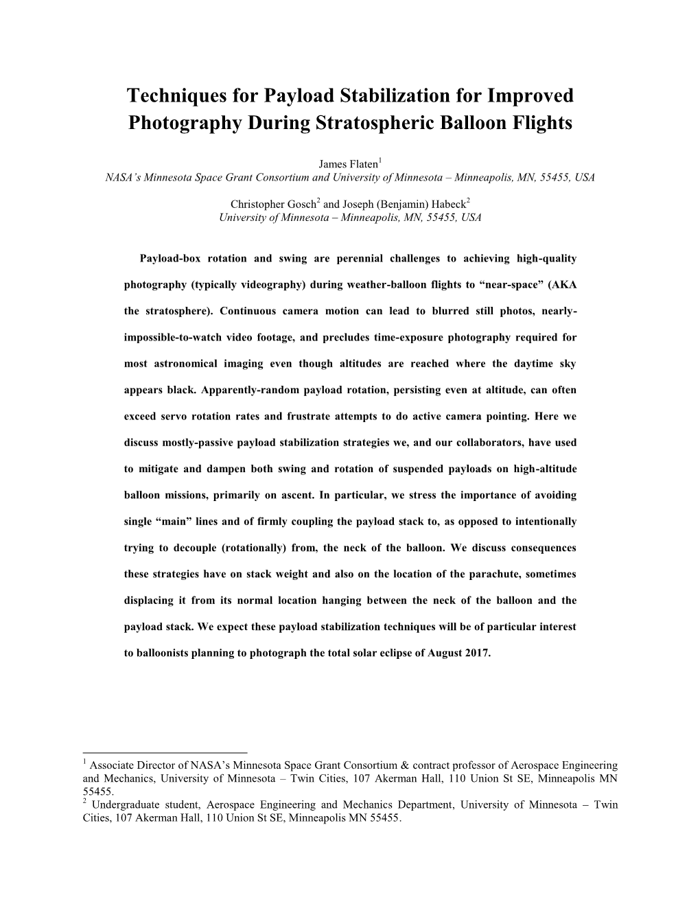 Techniques for Payload Stabilization for Improved Photography During Stratospheric Balloon Flights