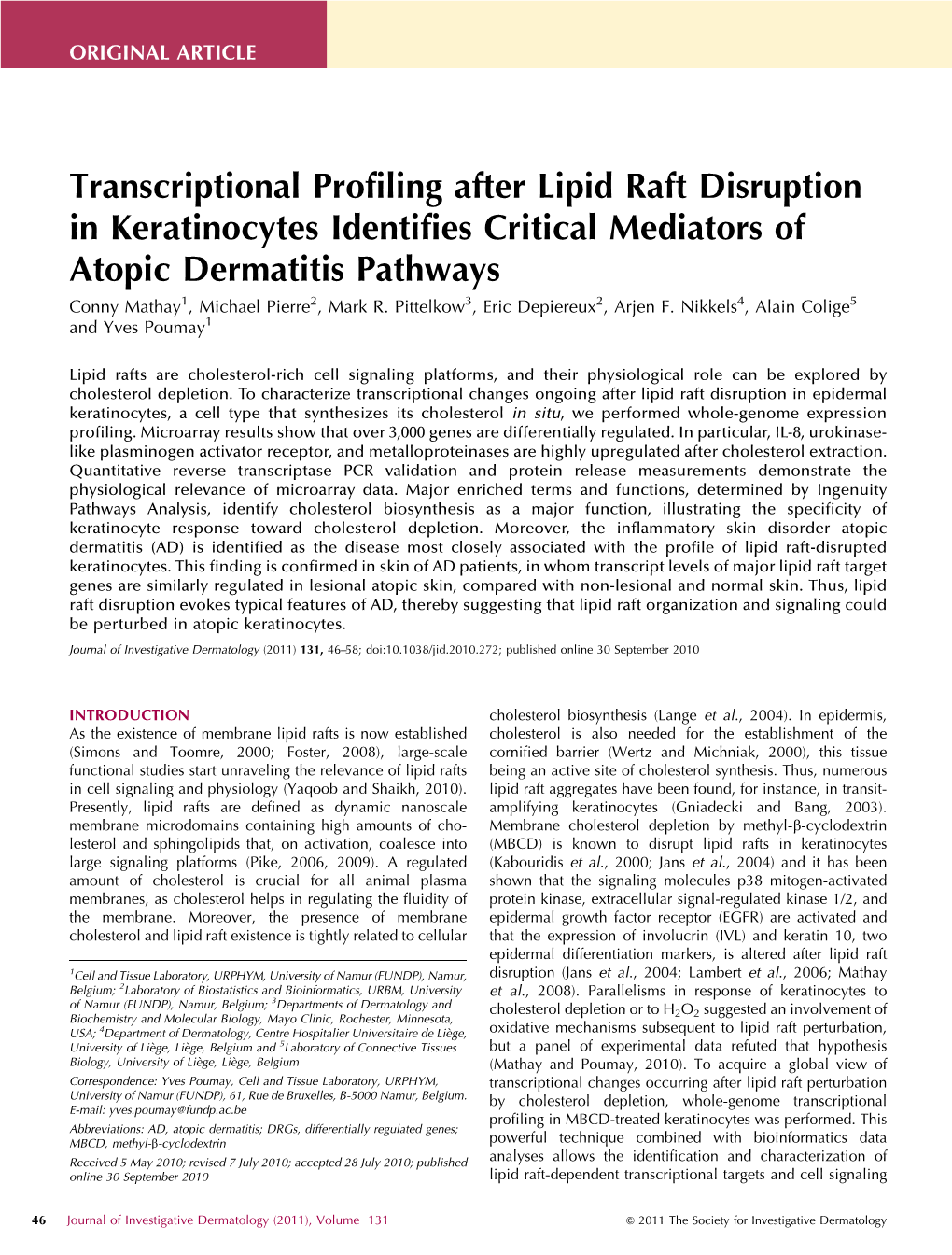 Transcriptional Profiling After Lipid Raft Disruption in Keratinocytes