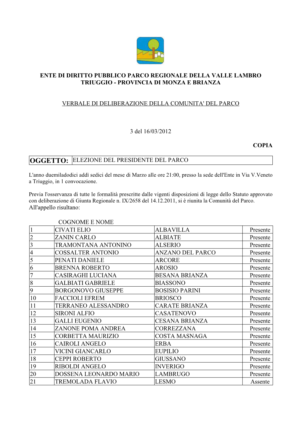 Ente Di Diritto Pubblico Parco Regionale Della Valle Lambro Triuggio - Provincia Di Monza E Brianza