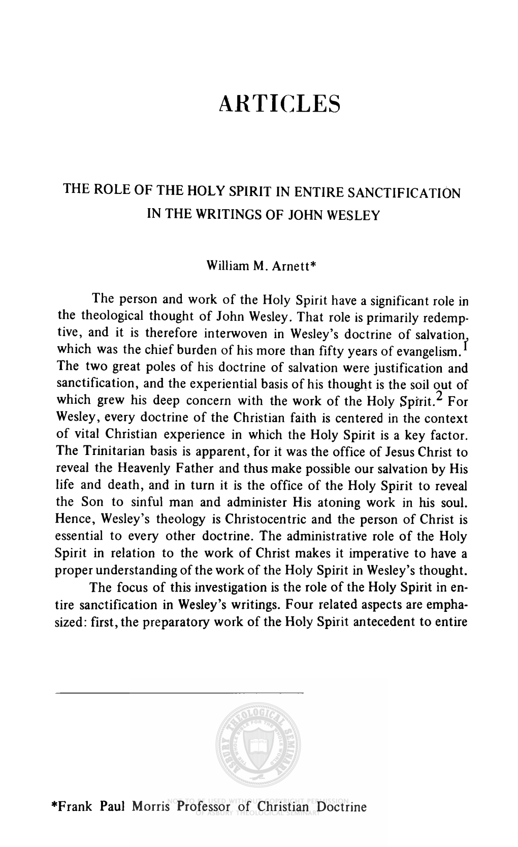 The Role of the Holy Spirit in Entire Sanctification in the Writings Of