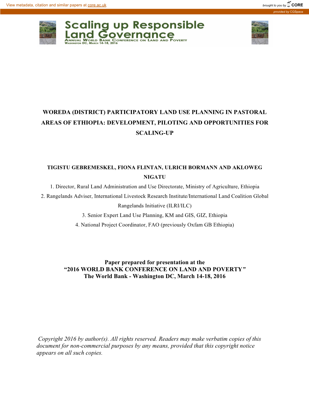 Woreda (District) Participatory Land Use Planning in Pastoral Areas of Ethiopia: Development, Piloting and Opportunities for Scaling-Up