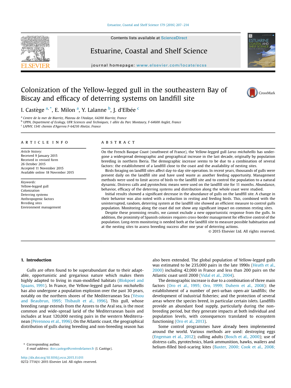 Colonization of the Yellow-Legged Gull in the Southeastern Bay of Biscay and Efﬁcacy of Deterring Systems on Landﬁll Site