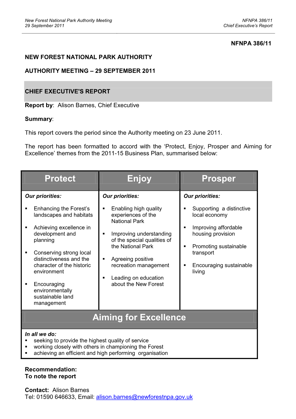 NFNPA 386/11 29 September 2011 Chief Executive’S Report