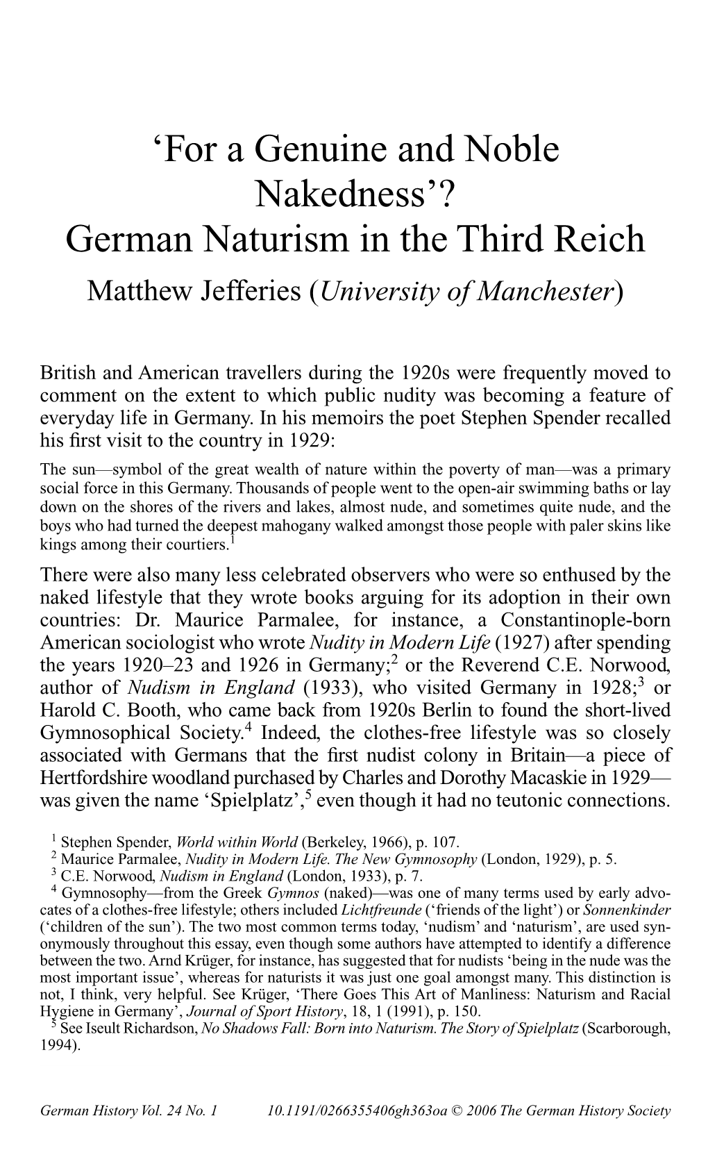 'For a Genuine and Noble Nakedness'? German Naturism In