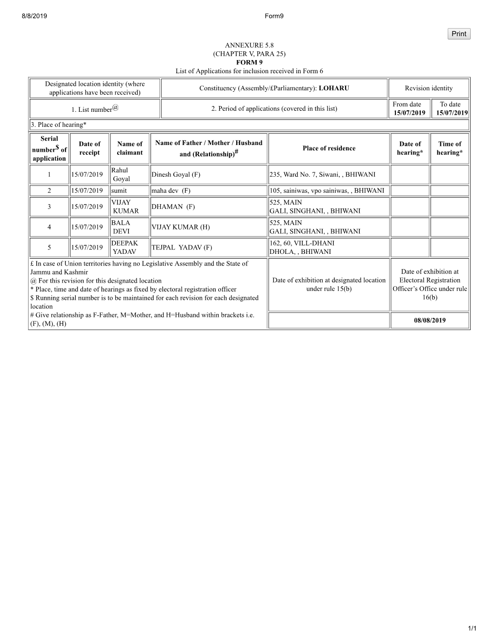 ANNEXURE 5.8 (CHAPTER V, PARA 25) FORM 9 List of Applications For