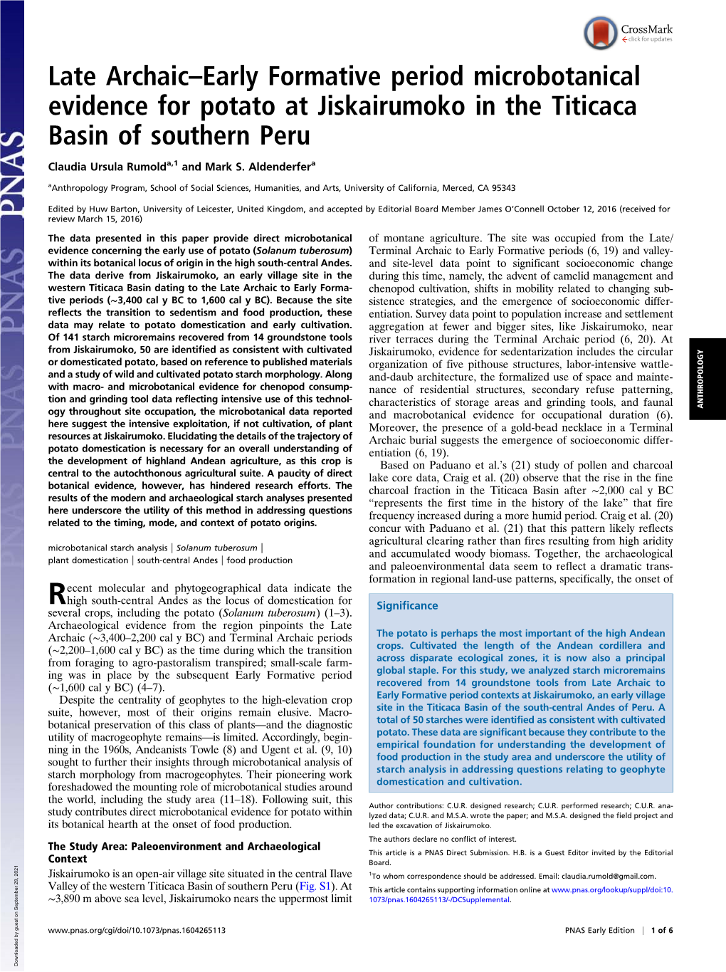 Late Archaic–Early Formative Period Microbotanical Evidence for Potato at Jiskairumoko in the Titicaca Basin of Southern Peru