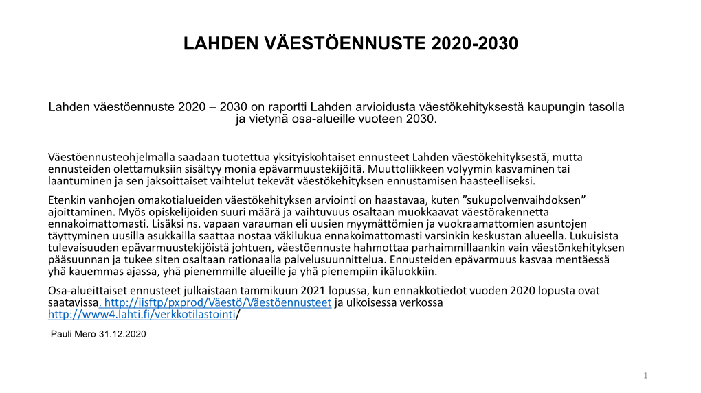 Lahden Väestöennuste 2020-2030