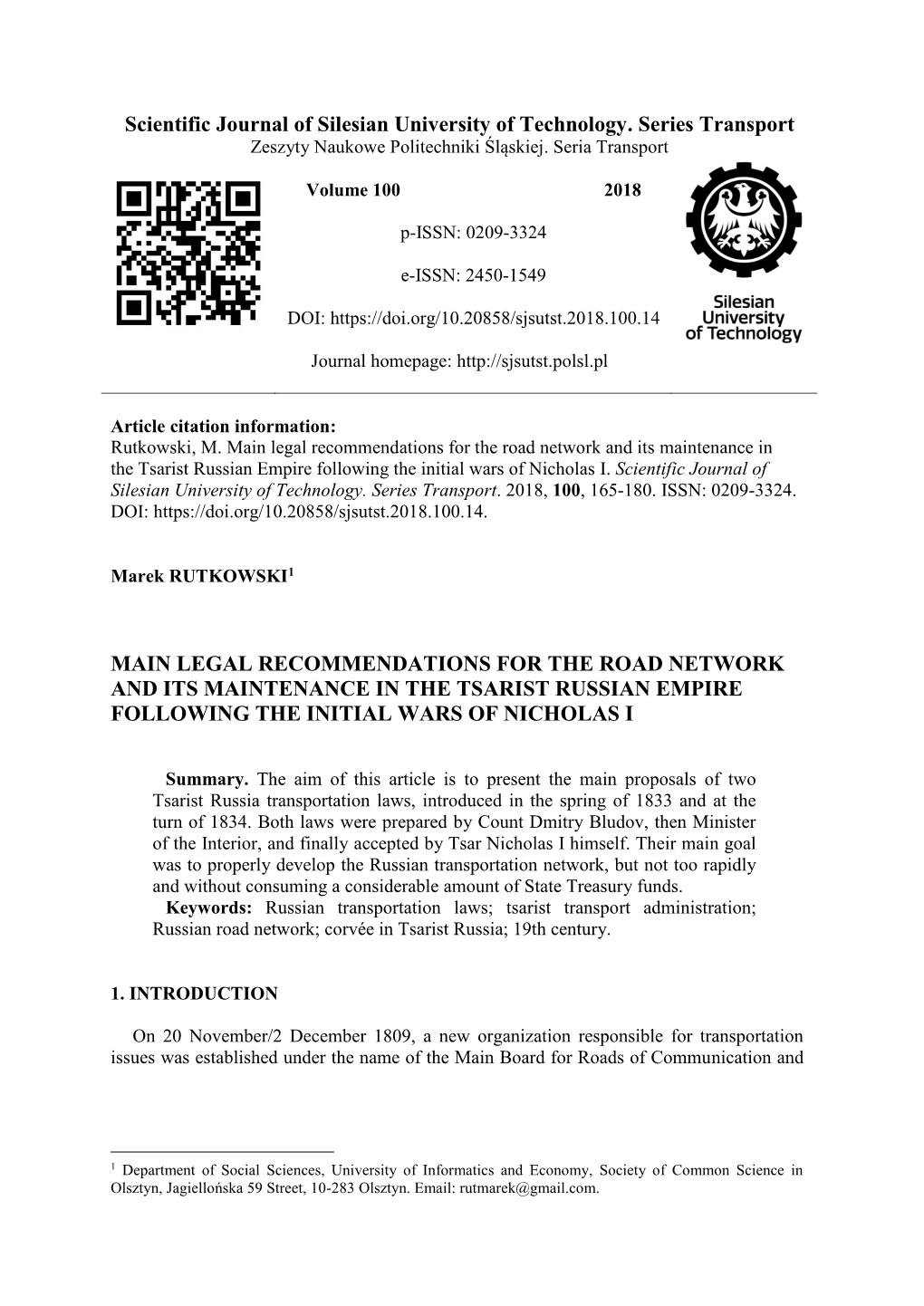 Legal Recommendations for the Road Network and Its Maintenance in the Tsarist Russian Empire Following the Initial Wars of Nicholas I