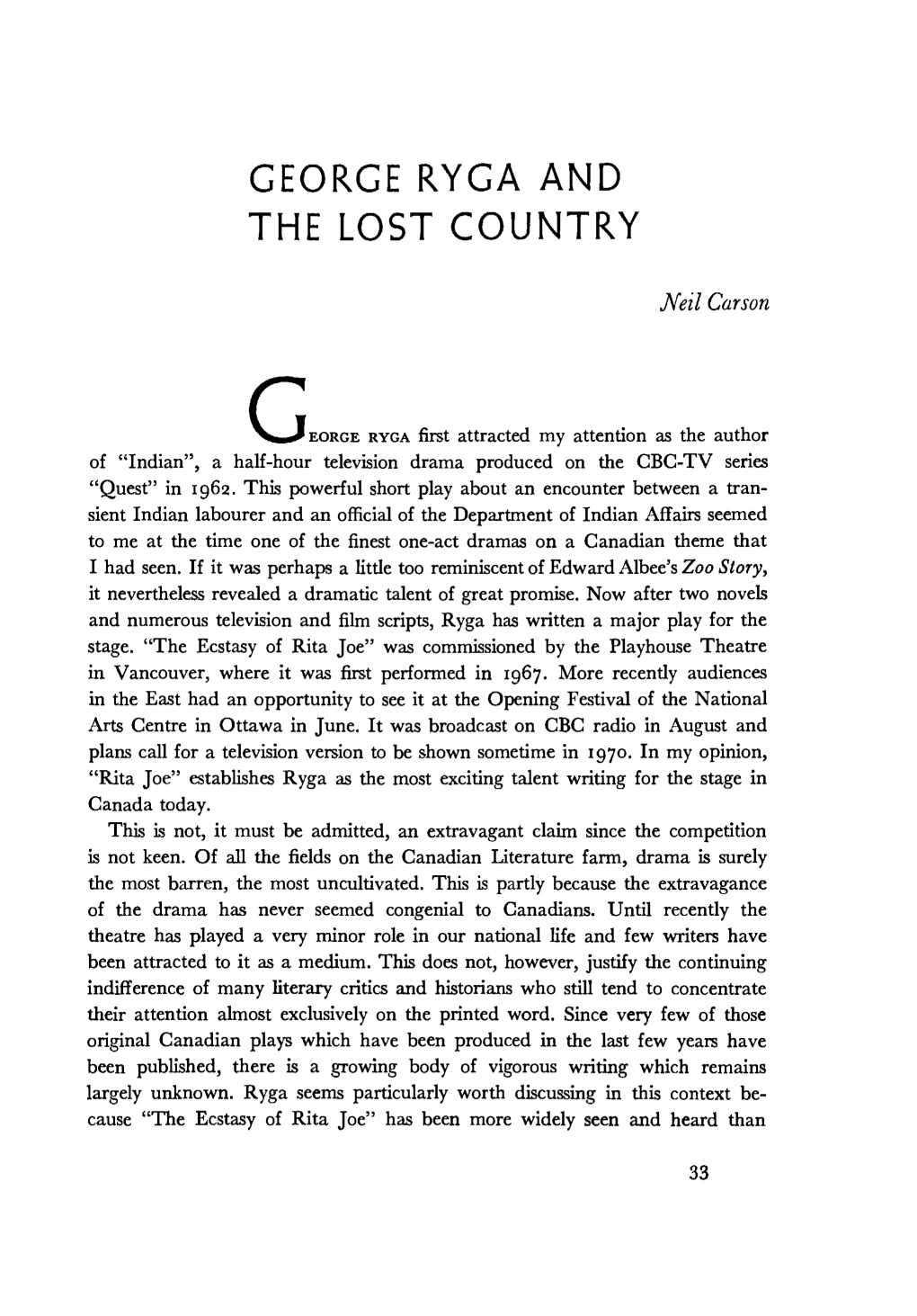 George Ryga and the Lost Country