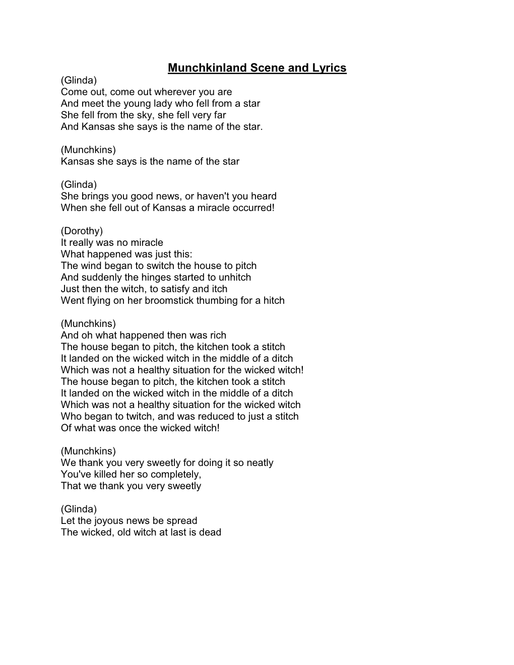 Munchkinland Scene and Lyrics