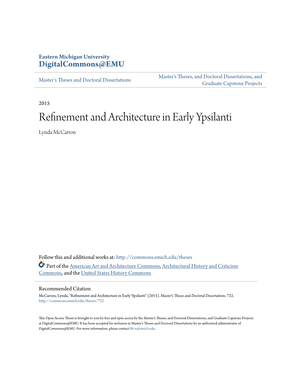 Refinement and Architecture in Early Ypsilanti Lynda Mccarron