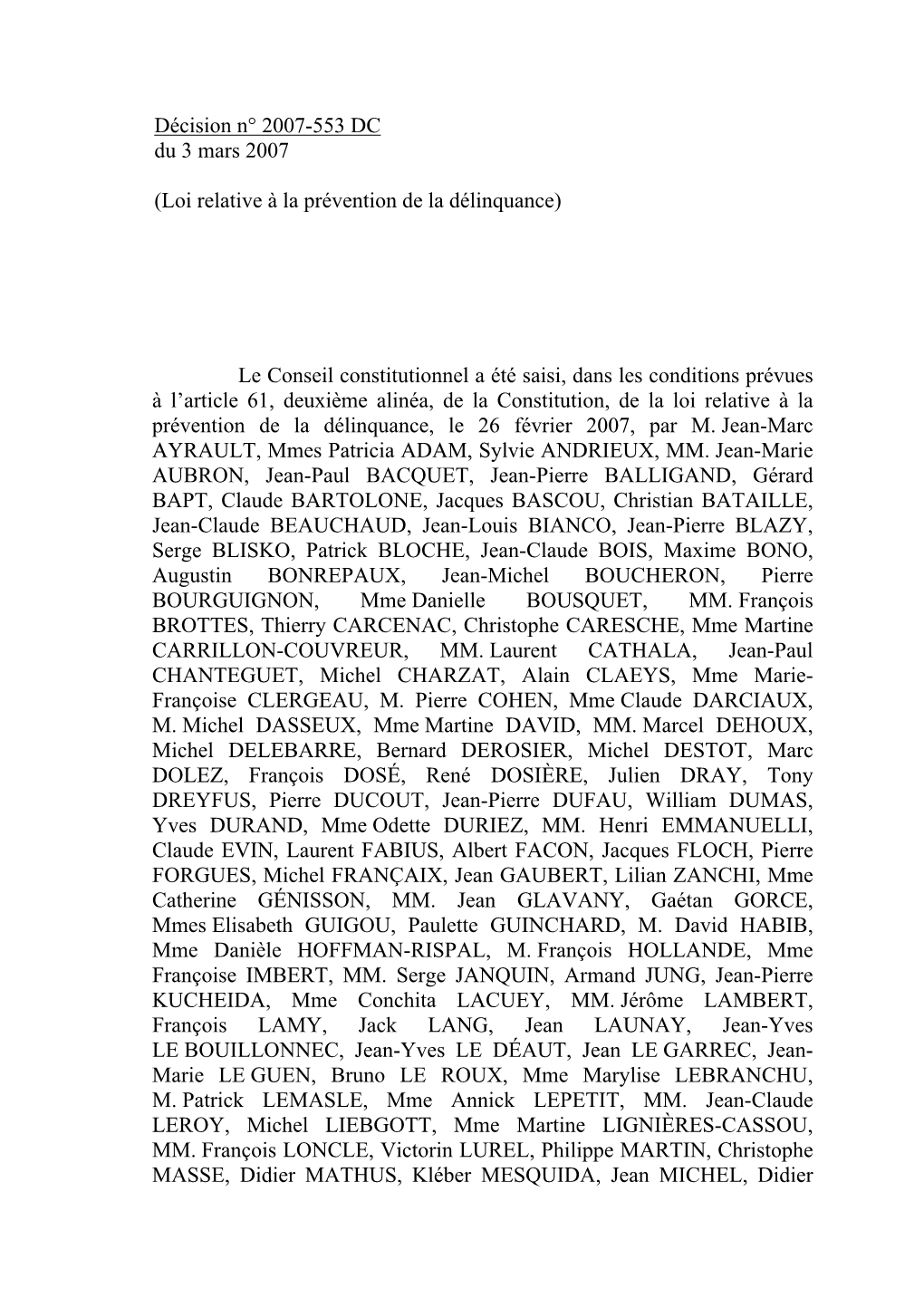 Décision N° 2007-553 DC Du 3 Mars 2007 (Loi Relative À La Prévention