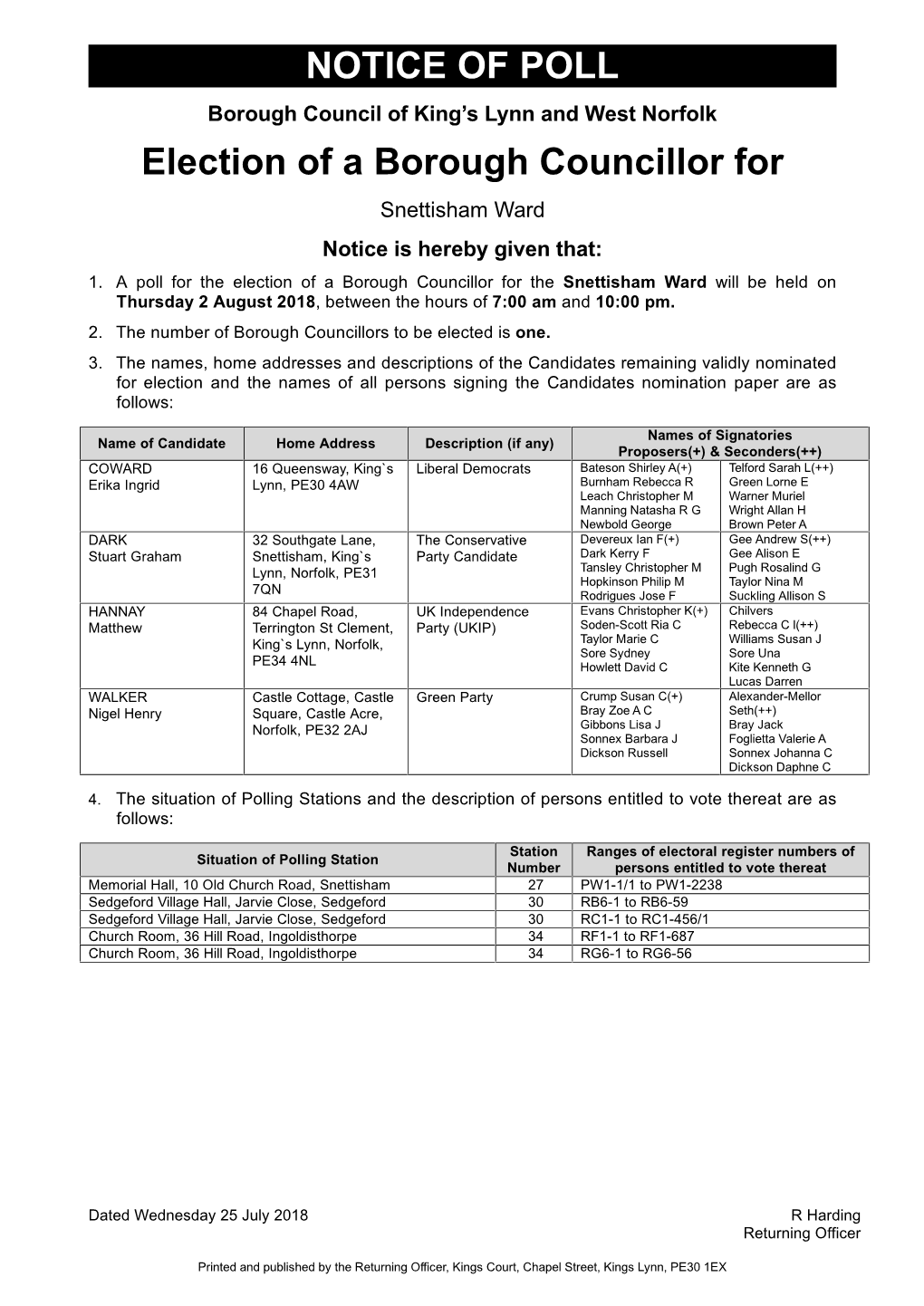 NOTICE of POLL Election of a Borough Councillor