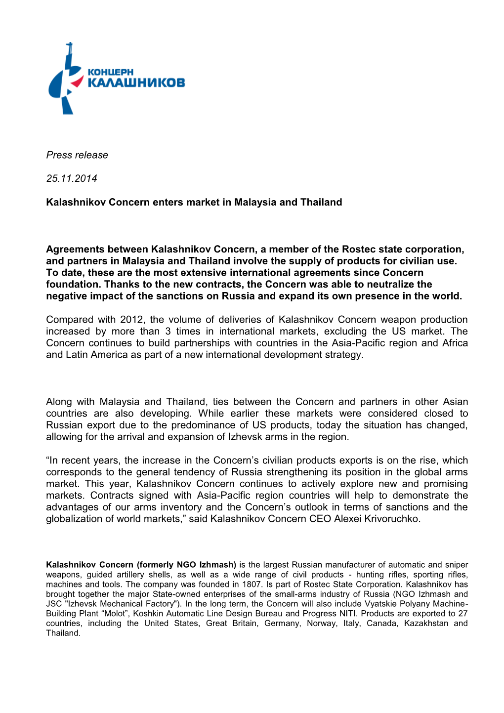 Press Release 25.11.2014 Kalashnikov Concern Enters Market