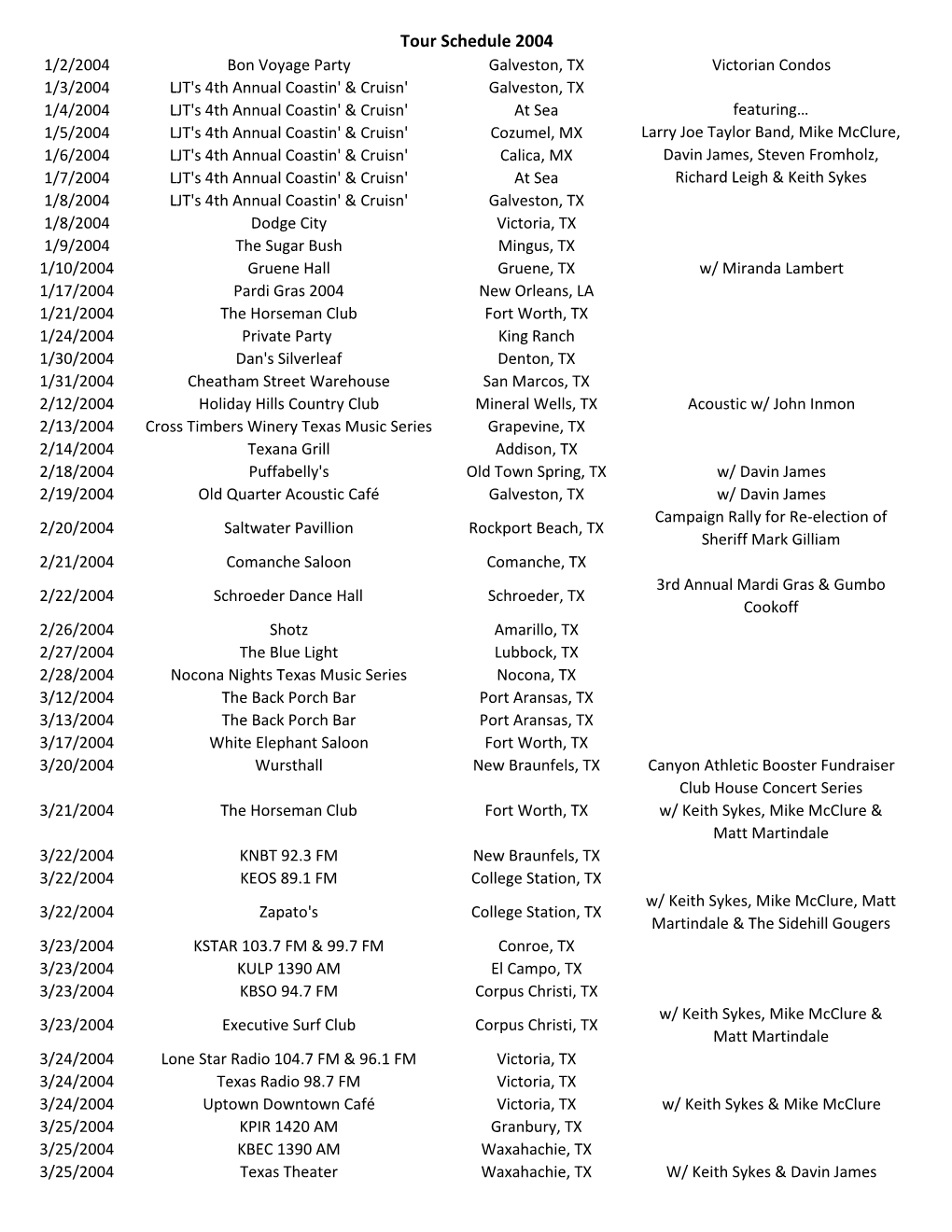 Tour Schedule 2004